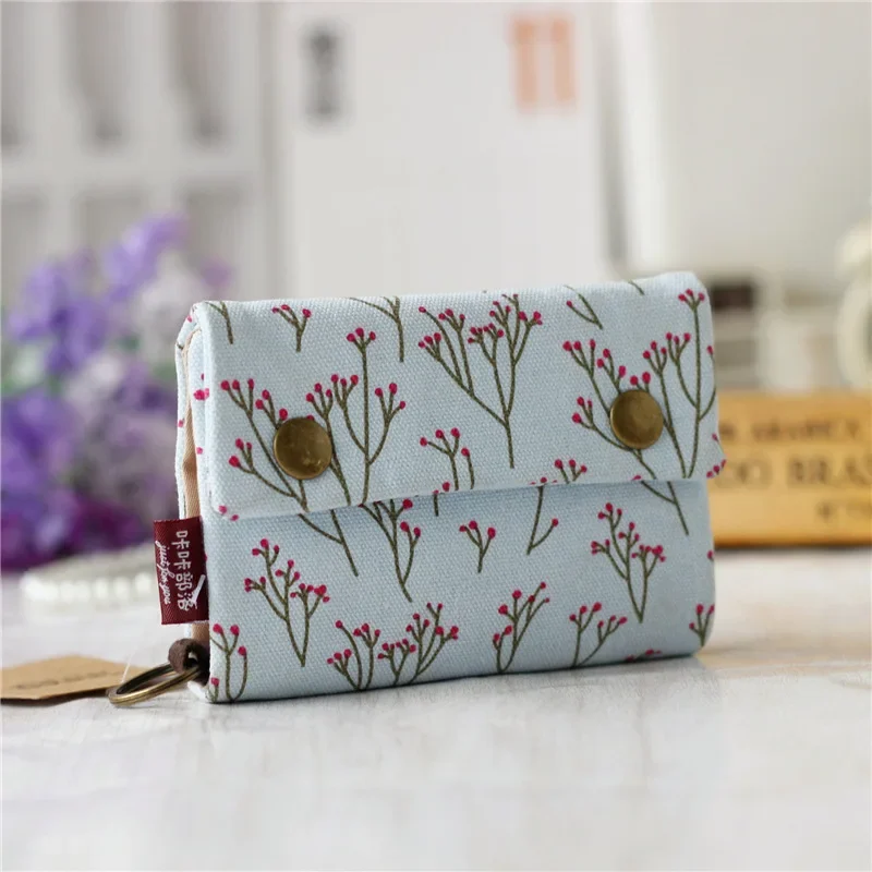 Retro Floral Solid Color Card Coin Purse Short Canvas Durable Small Aesthetic Coin Purse Card Wallet Portable Travel Wallet