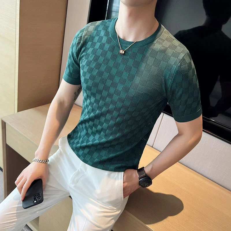 Men\'s Short Sleeve T-shirt 2023 Summer Thin High Elastic Slim Fit Knit Tee Shirts Tops O Neck  Solid Casual Fashion Men Clothing