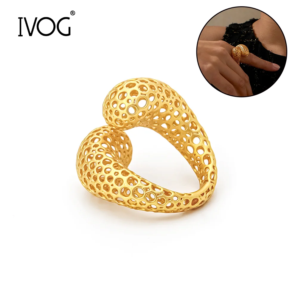 IVOG Arc Design Gold Color Ring For Women Hollow Out Fashion Jewelry Elegant Wedding Anniversary Official-Websit