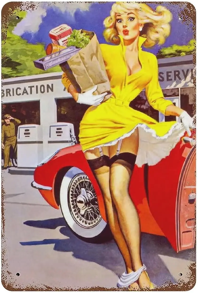 Retro Pin up Girl 1950s Sexy Black Stockings Woman Shopping Tin Metal Sign Vintage Wall Decor Plate Decor Club Cafe Bar Decorati