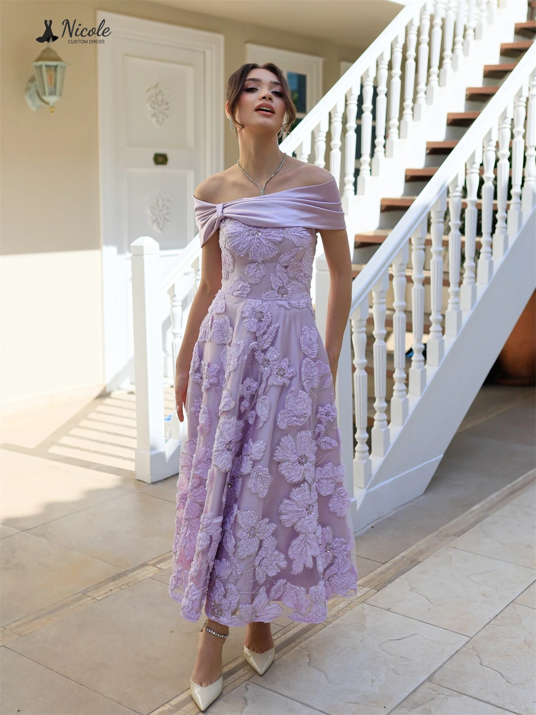 نيكول فساتين الحفلات المسائية الأنيقة الفاخرة 2025 فستان سهرة فاخر مصنوع حسب الطلب 2D التطريز الزهور خط كتف البطاقة #4
