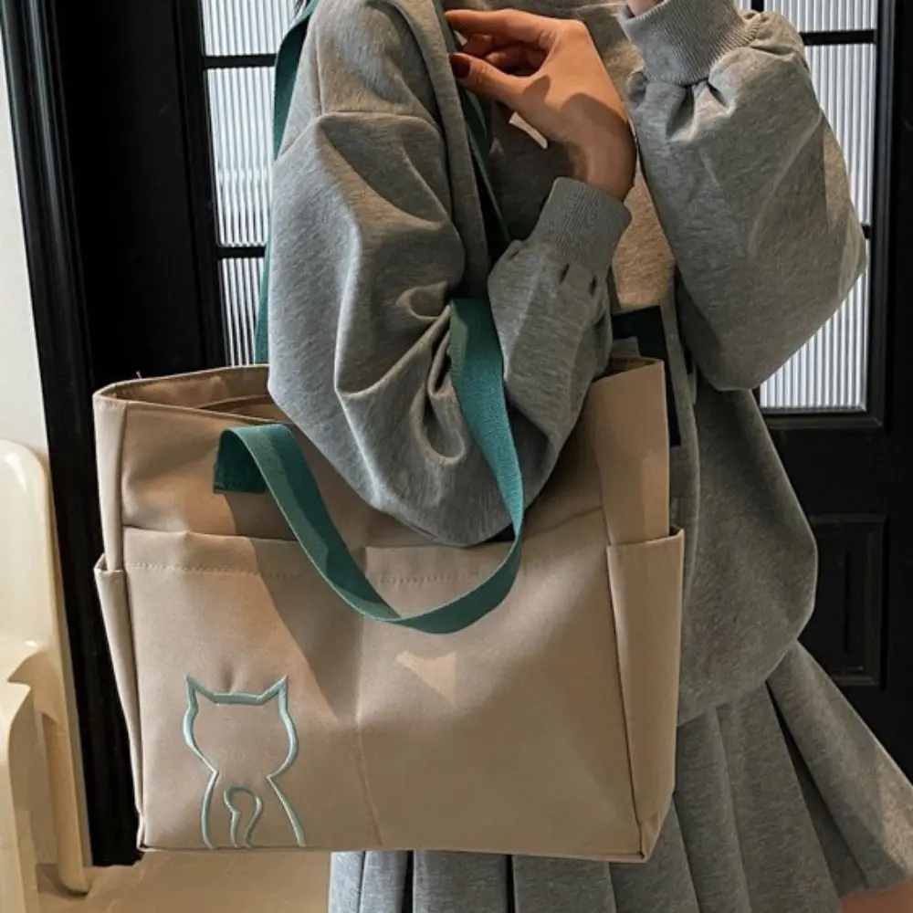 

Casual Nylon Tote Bag Multi-Pocket Embroidery Cat Lightweight Eco Bag Korean Style Handbag Nylon Shoulder Bag Women