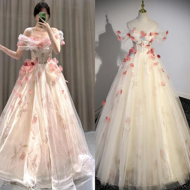 14966 iena Romantic Flower Evening Dress For Women Boat Neck A line Floor length Sweet Pink Formal Party Gowns Vestido De Festa Prom Dresses AliExpress