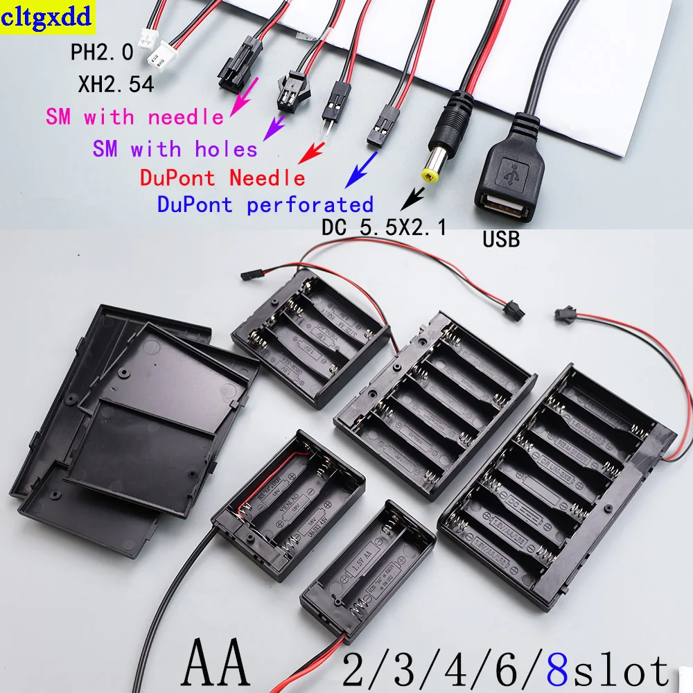 

Cltgxdd 1 set 8-slot AA battery holder cartridge PH2.0 XH2.54 SM Dupont DC USB lead with on/off switch cover 2 3 4 6 8 slots