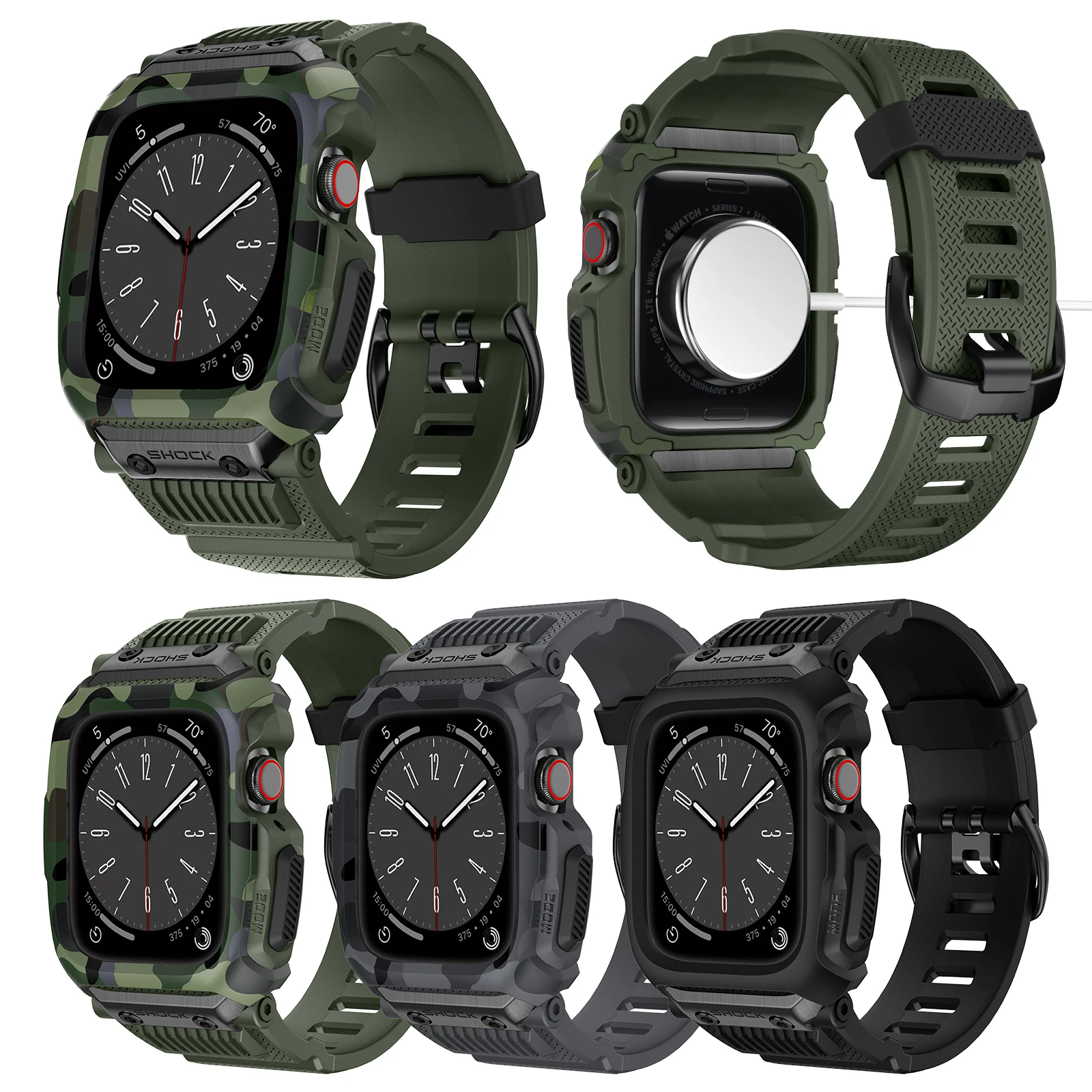 Camouflage Sport TPU Full Protective Cover Case Bracelet For Apple Watch Strap 42mm 44mm 45mm iWatch Band Series 3 4 5 6 7 8 SE