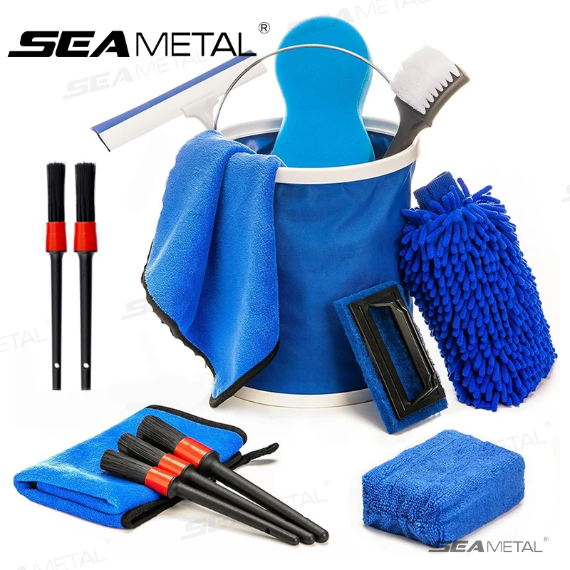 SEAMETAL 13pcs Car Cleaning Brush Set Multifunctional Brush Set Car Detail Cleaning Gloves with Towel Sponge Car Care Tools