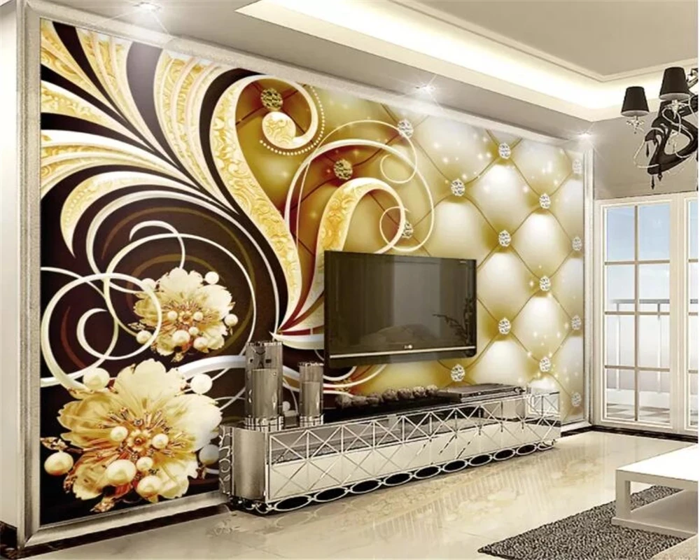 Customized 3D wallpaper diamond bag flowers luxury bedside table mural Living room sofa TV background wall bedroom restaurant 8d