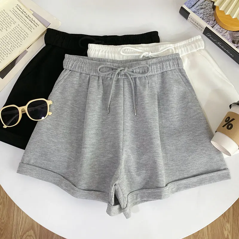 

Fashion Versatile Solid Color Shorts Summer Women Elastic Waist Drawstring Loose Curly Wide Leg Shorts Sports Short Pants