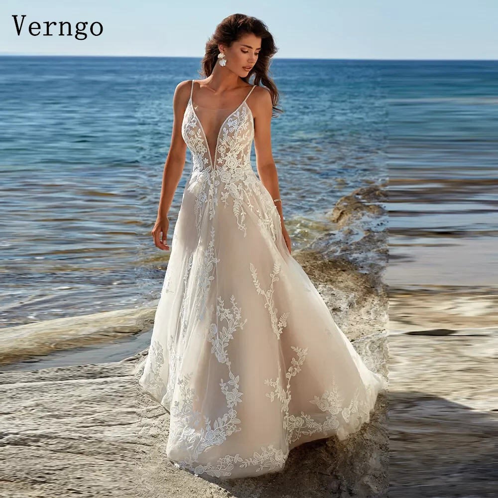 

Verngo Appliques Organza Wedding Dress Deep V Neck A Line Bridal Gowns Elegant Beach Maxi Bride Dresses Customized