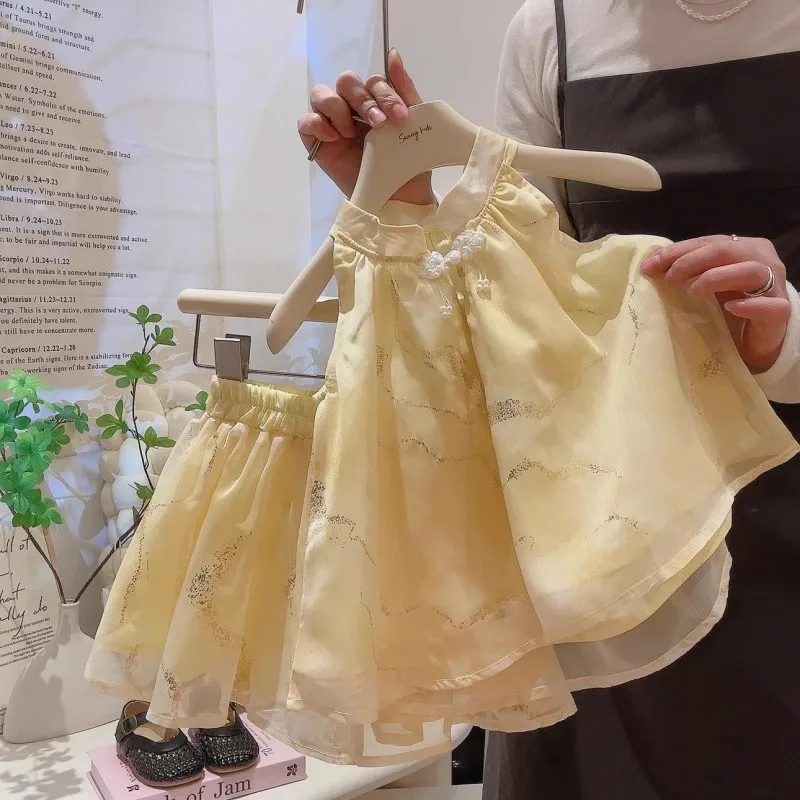 

TOY-Girls' New Chinese Style Outfit2025Summer New Fashionable Little Girl Chinese Style Sleeveless Vest and Shorts Two-Piece Set