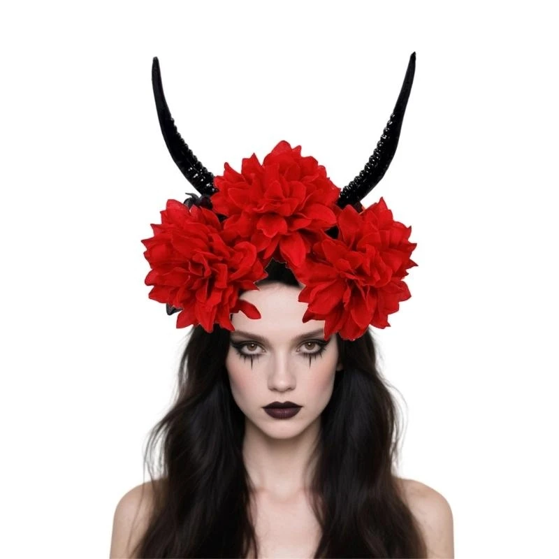 N5KF 어린이 성인 플로럴 앤젤 로프 혼 헤어 밴드 수지 수지 의상 소품 테마 파티를위한 경량 파티 머리 장식