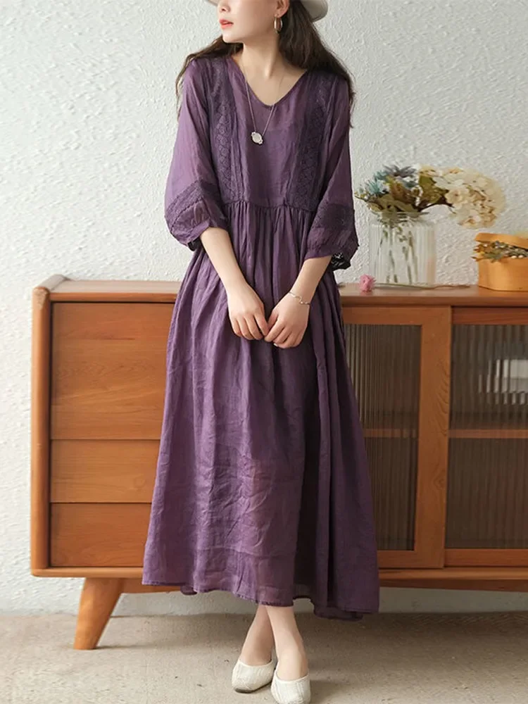 Женское летнее Повседневное платье, Новое поступление 2024, винтажное стильное кружевное свободное удобное женское Элегантное Длинное Платье-трапеция с V-образным вырезом