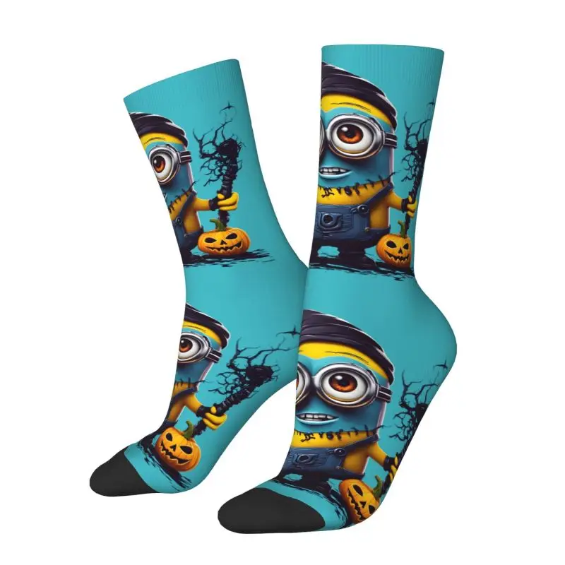 Custom M- Minions Halloween Pumpkin Mens Crew Socks Unisex Novelty 3D Printing M- Minions Cartoon Dress Socks