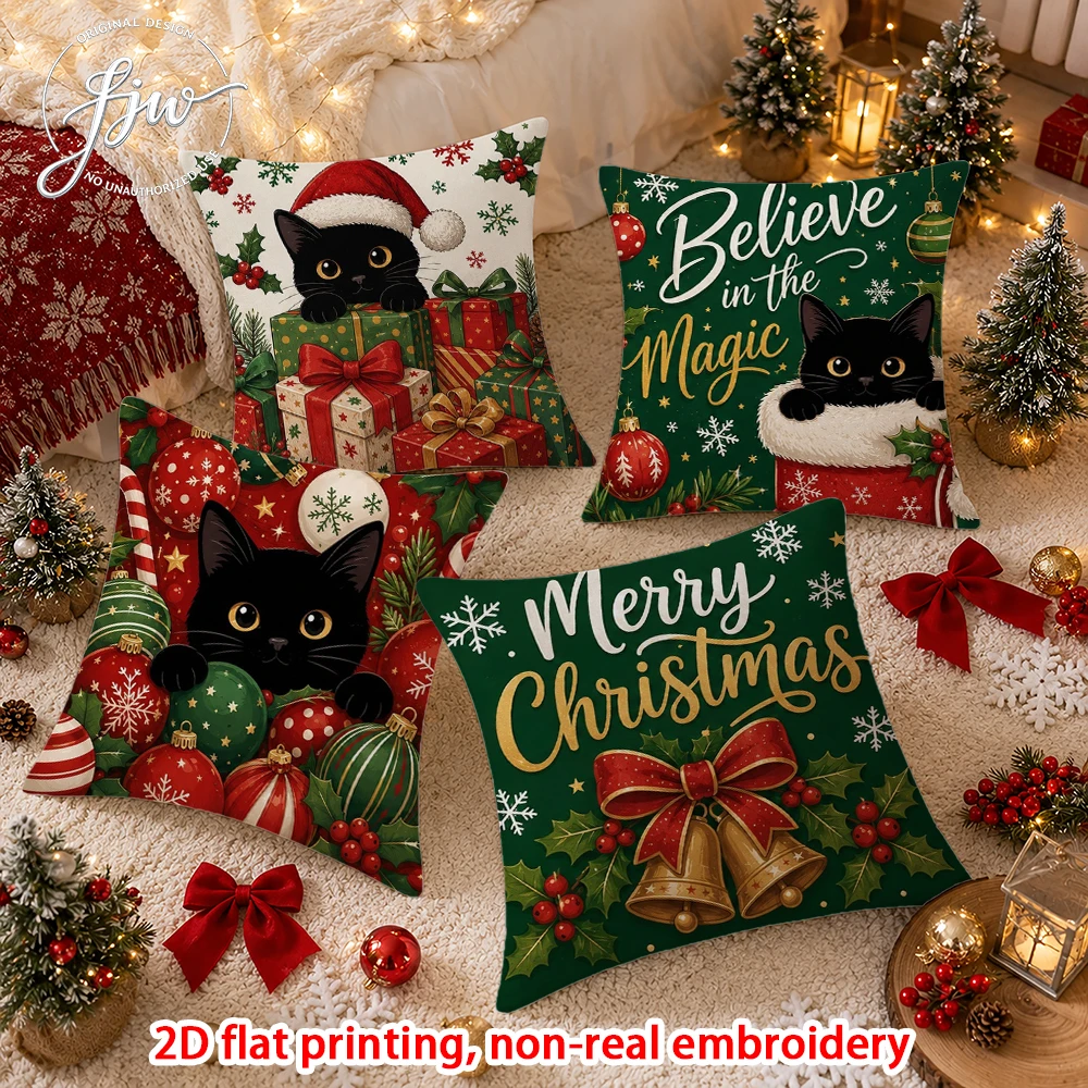 4pcs Christmas Throw Pillow Covers Xmas Holiday Decorative Pillow Cases with Black Cat Santa Snowman Designs for Home Sofa Couch