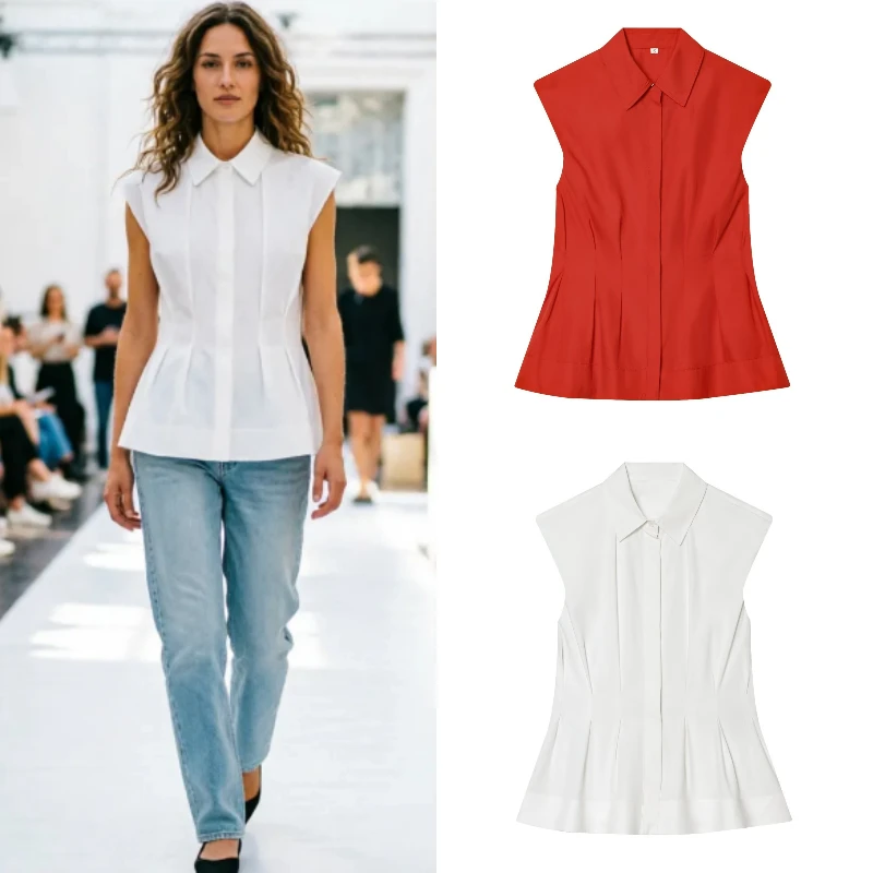 

2026 Spring New Fashion Minimalist Commuter Sleeveless Pleated Shirt