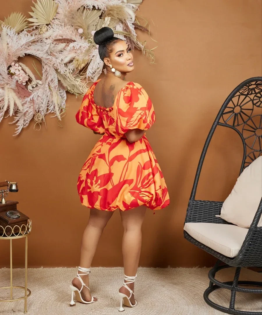 African Print Dresses for Women Summer Elegant African Off Shoulder Short Puff Sleeve Mini Birthday Evening Gowns African Dress