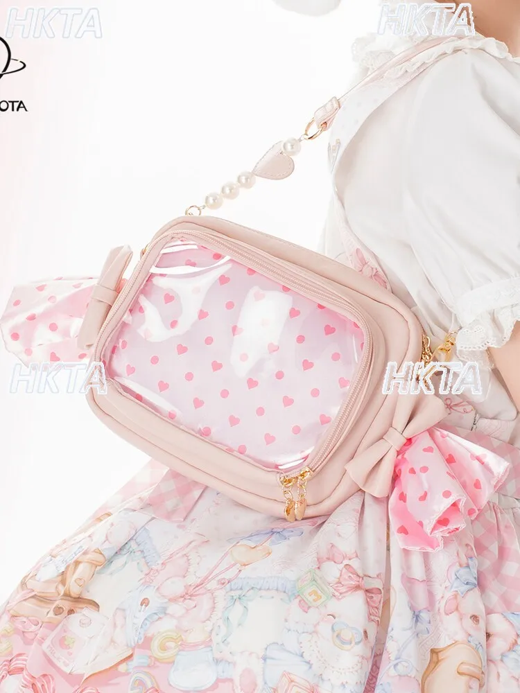 Japanese Sweet Bow Pearl Two Dimensional Lolita Pain Bag Daily Fashion Casual Messenger Bag Large Capacity Black Backpacks Women