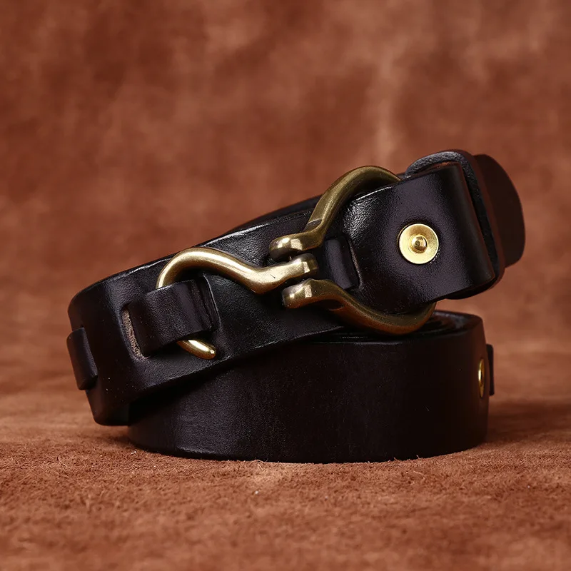Men's Full Grain Leather Belts for Men Cowhide Male Belt Genuine Leather Copper Hook Buckle Luxury Brand Designer Waist Strap