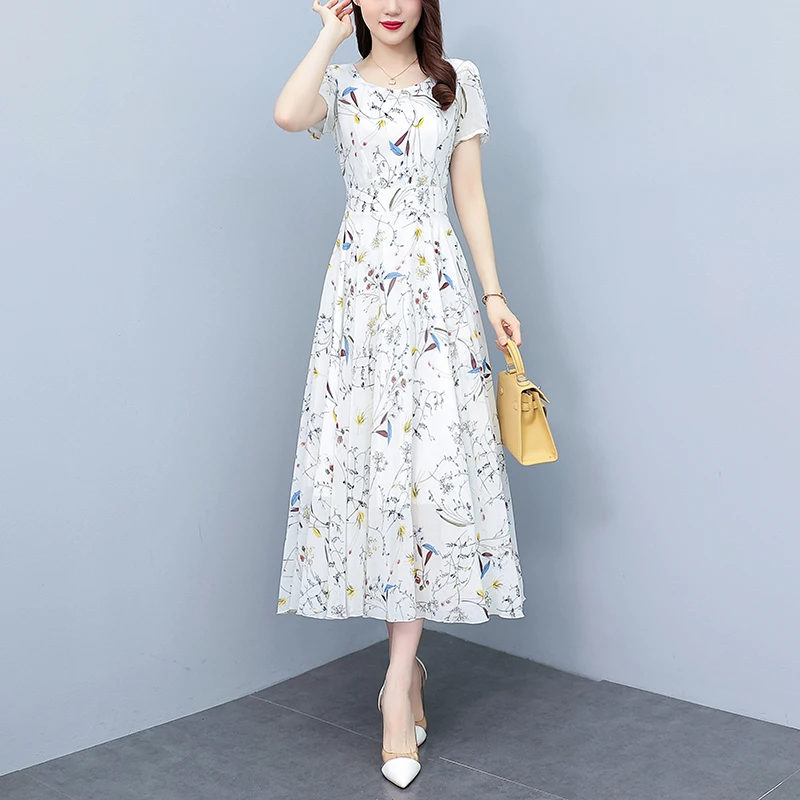 Women Chiffon Long Dresses Summer Female O Neck Short Sleeve Large Size Elegant Slim A Line Bohemia Print White Navy Blue Vestid