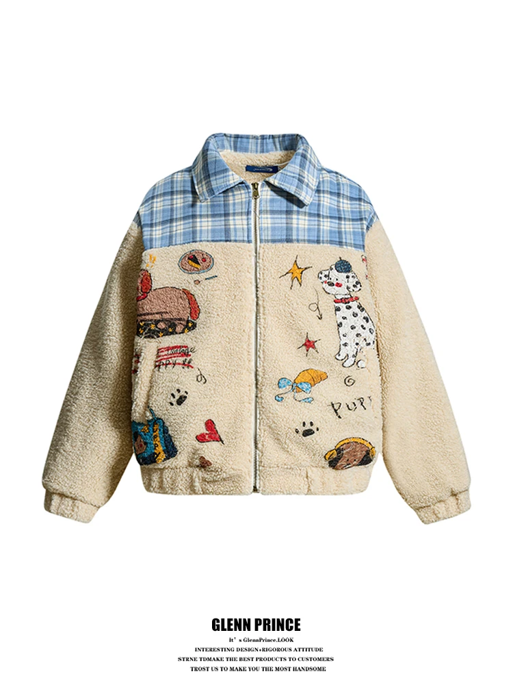 

Loose Fit Youthful Printed Dog Cotton Jaet ex Warmth Faionable Plaid Design Long Sve Zipper Closure Casual Coat