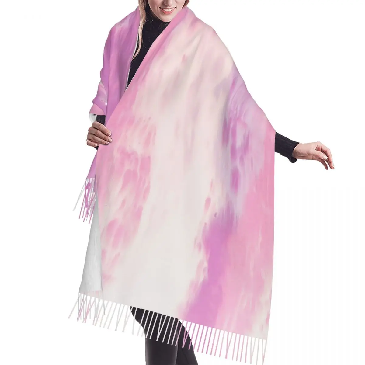 Custom Stylish Cool Pink Tie Dye Tassel Scarf Women Winter Fall Warm Shawl Wrap Lady Traditional Dyeing Art Scarves