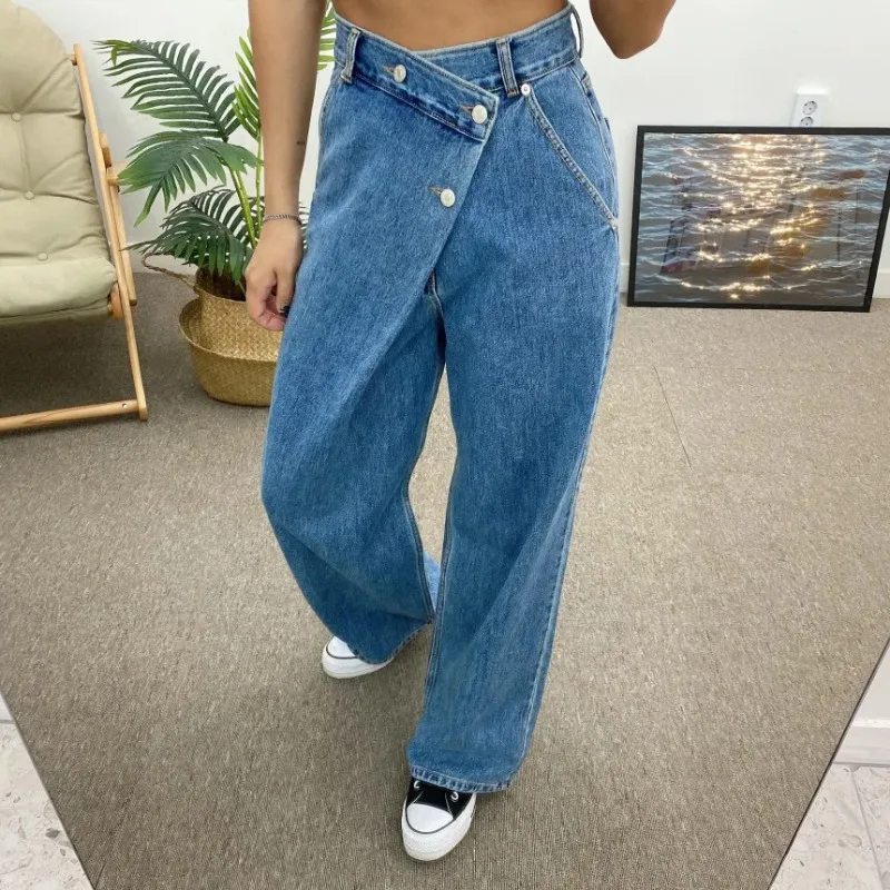 SuperAen Autumn New Asymmetrical Trouser High Waist Wide Leg Jeans Pockets Denim Pants Women