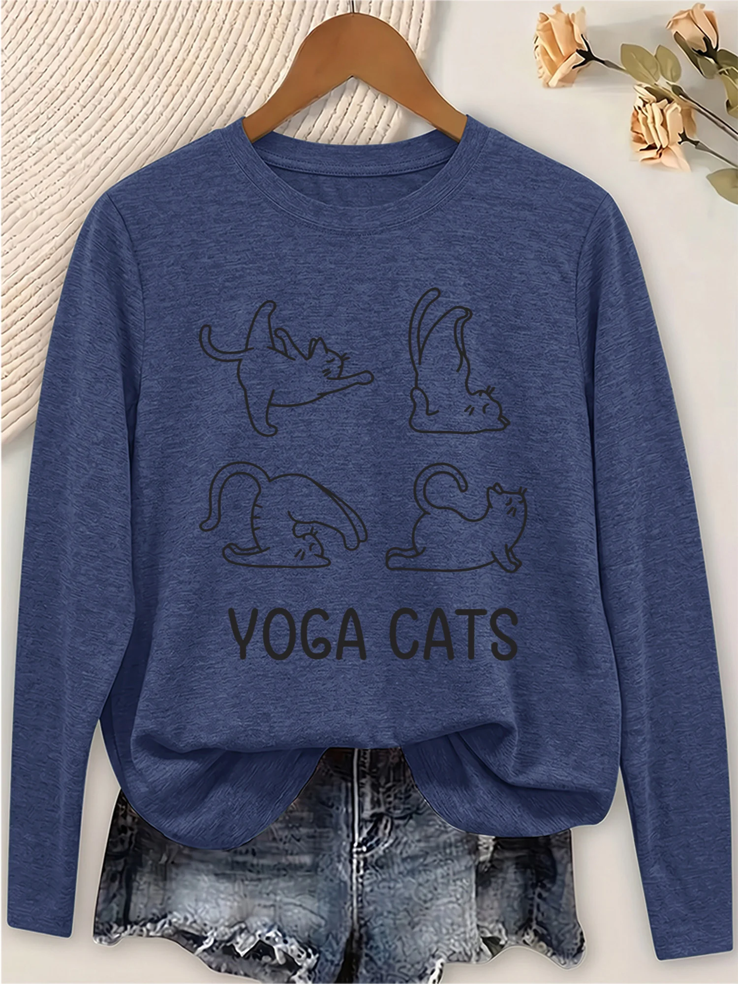 Women's Casual Long Sleeve Tee Round Neck Soft Yoga Cats Print Top for Commute Vacation Outdoor Daily Wear Gift Local Shipping