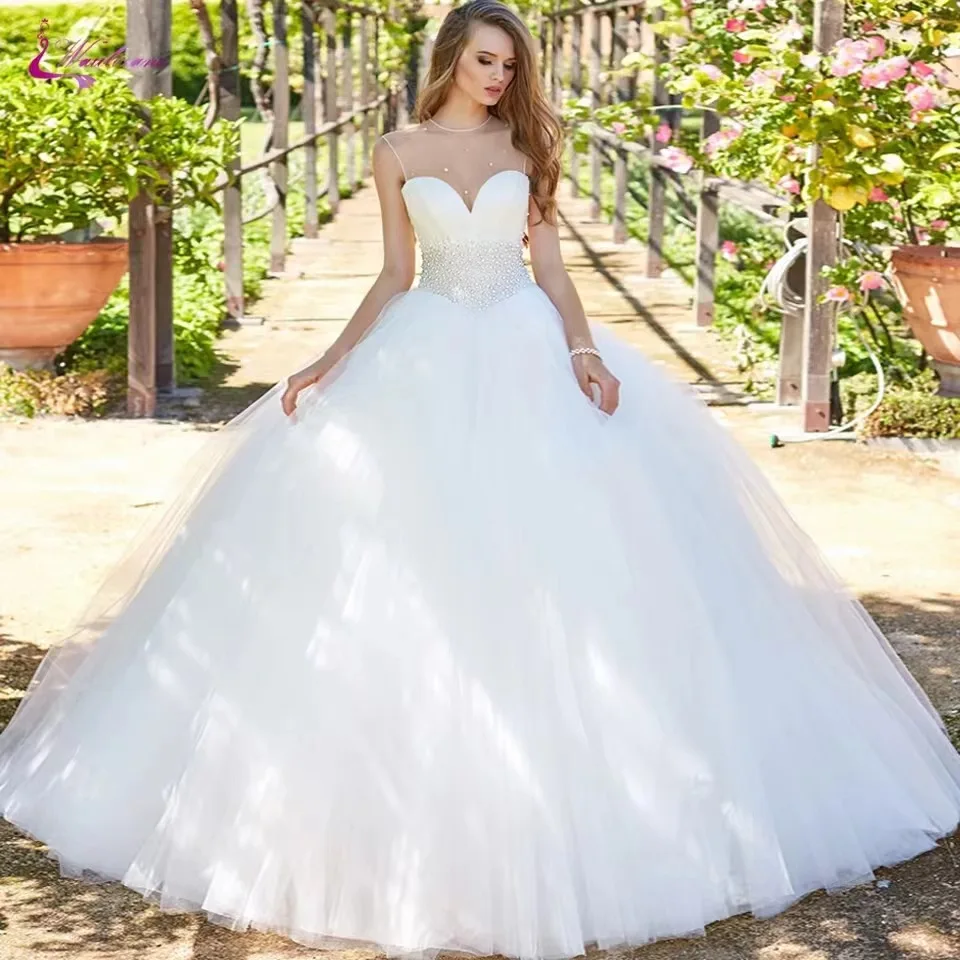 

Свадебные платья на заказ: белое бальное платье из тюля с жемчугом и шлейфом, для торжественных случаев, robe mariage