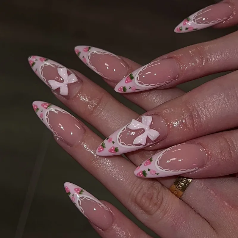

24Pcs Almond False Nail Rural strawberry bow Wearable Handmade Manicure Fake Nail