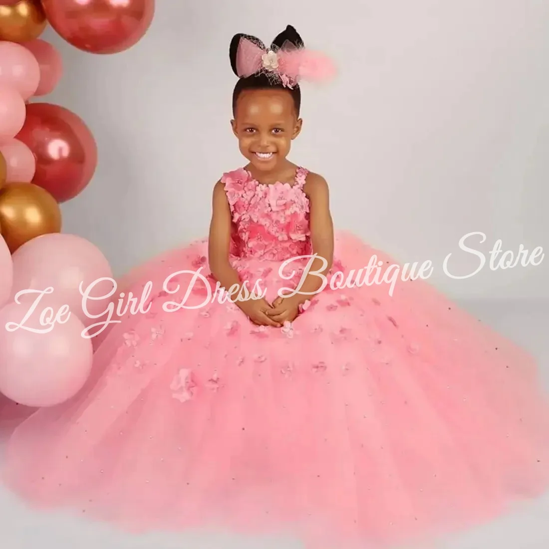 

Pink Flower Girl Dress For Wedding Floral Lace Appliques Floor Length Baby Girl Birthday Party Ball Gowns Communion Customized