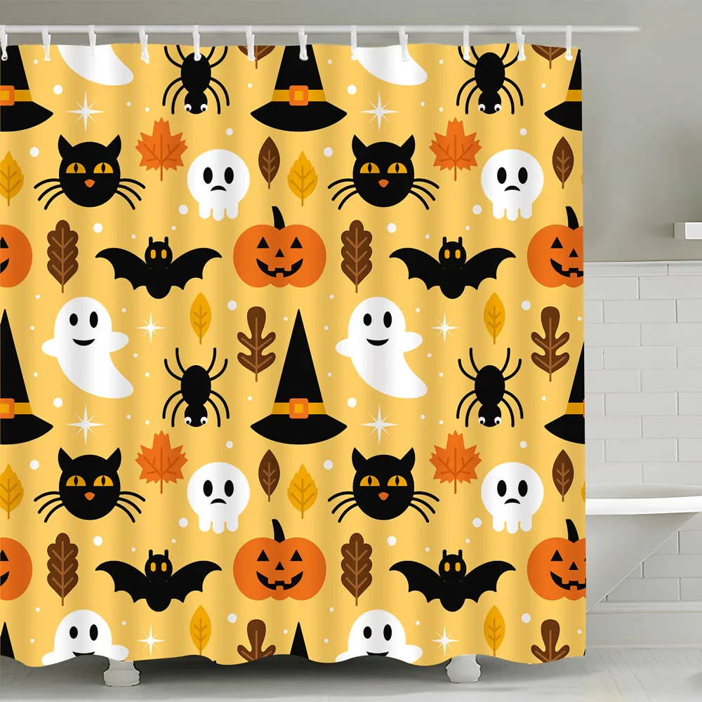 Halloween Shower Curtains Horror Blood Handprint Hazy Silhouette Help Me Skeleton Black Cat Pumpkin Lamp Bathroom Curtain Set