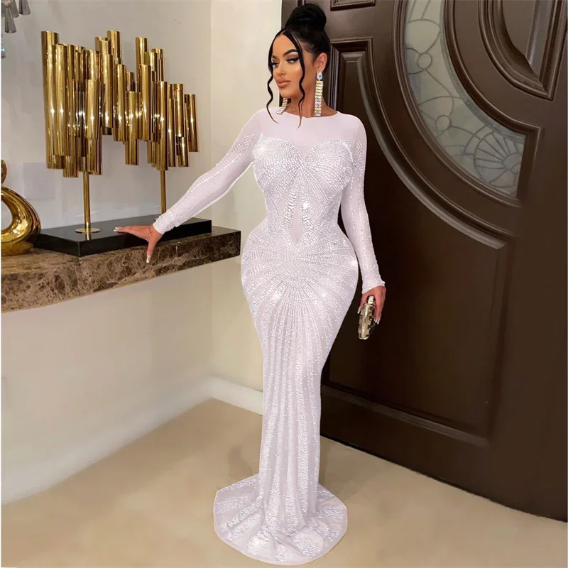 เซ็กซี่คริสตัล Rhinestones Mermaid ชุดราตรีผู้หญิง Luxury Club Party Night ตาข่าย Sheer Bodycon Maxi ชุด Elegant