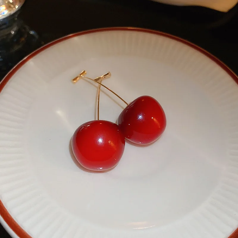 Sweet Red Resin Cherry Drop Earrings for Women Trendy 3D Fruits Dangle Earrings Daily Party Vacation Fashion Jewelry M1 image 4