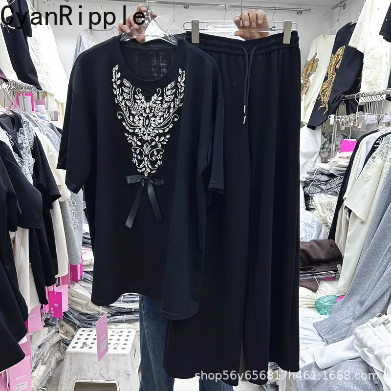 

Fashion Spring Summer Women Two-piece Set Diamonds Ribbon Bow Loose Short Sleeve T-shirt Top+Elastic Waist Casual Straight Pants