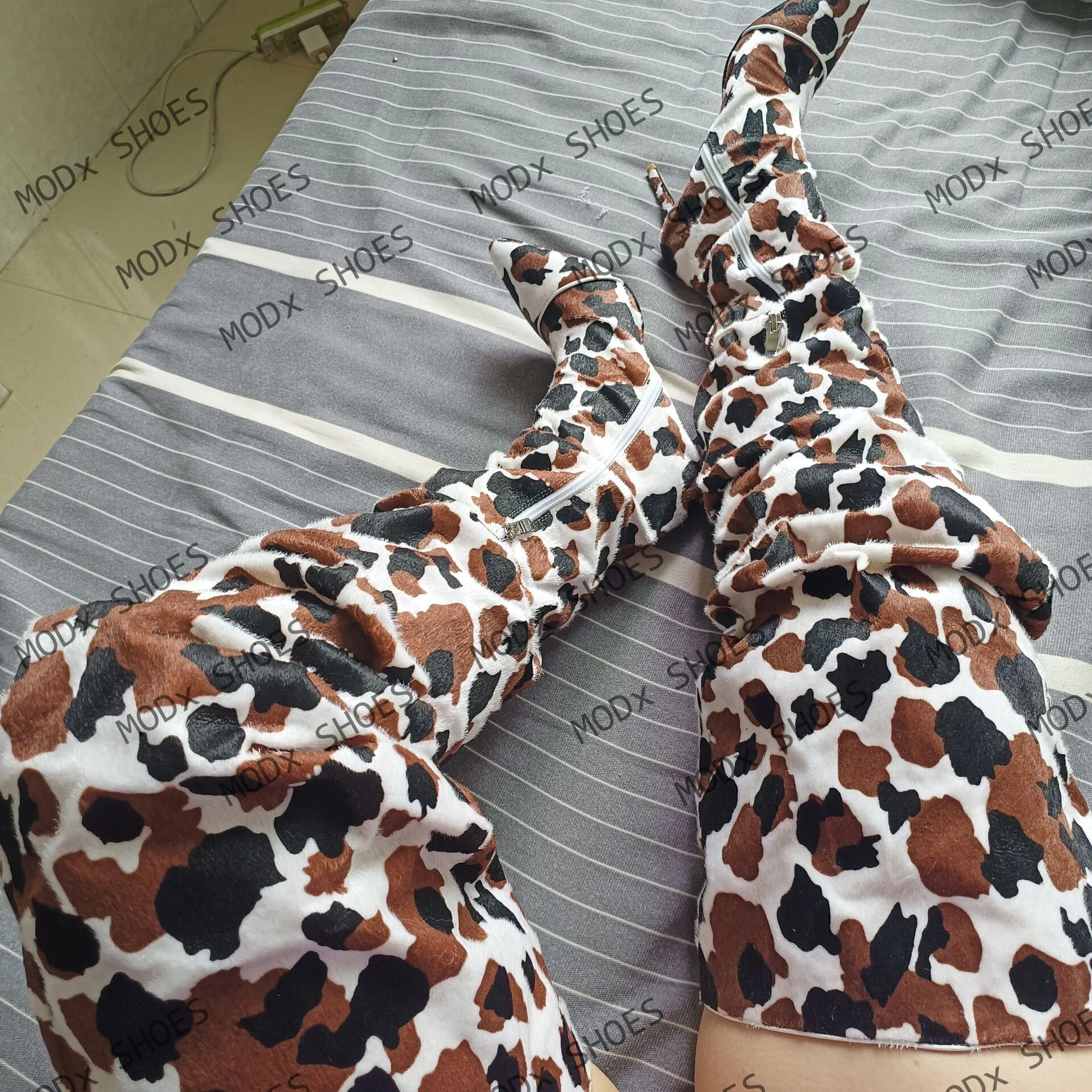 2025 Western Style Horse Hair Cowboy Long Boots Women High Thin Heels Cow Pattern Shoes Pointed Top Over The Knee Booties 44