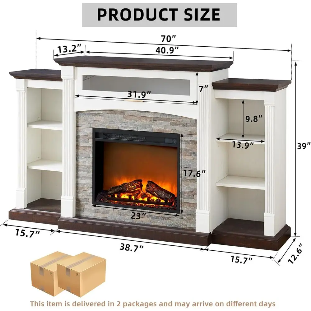 Replace TV Stand or 80 TV, 70 Electric Fireplace with Mantel, White Entertainment Center with Electric Fireplace & LED Lights, T