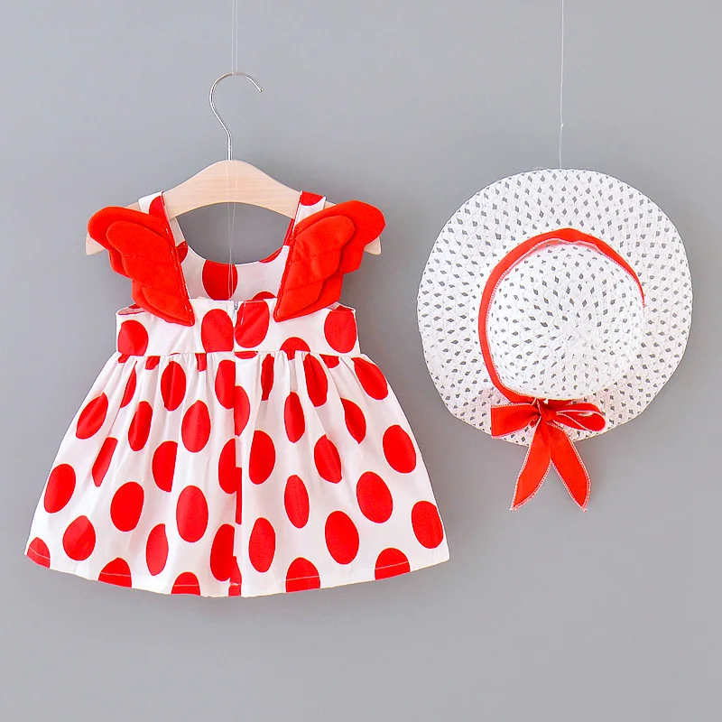 Summer girls dress and hat two-piece set baby girl small fresh big round dot printed wing strap princess dress