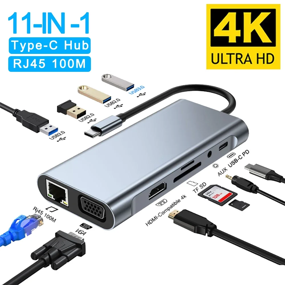 

USB C HUB Type C to RJ45 Adapter 100Mbps Network Card 4K -Compatible VGA SD/TF Card PD 87W Splitter MacBook Pro Air