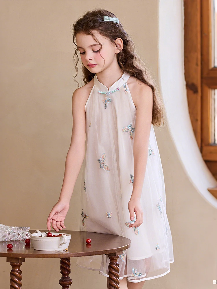 Girl's Summer Cheongsam Dress - Elegant Mandarin Collar Chinese Qipao with Floral Embroidery, Sleeveless Backless Necklace Style