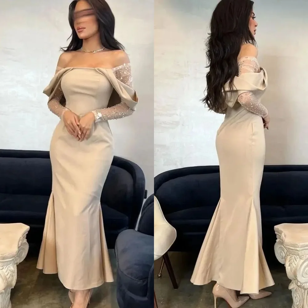 

Exquisite Jersey Pleat Sequined Trumpet Off-the-shoulder Midi Dresses Homecoming Dresses Sizes Available Modern Style Fashion