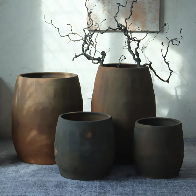 Spot antique clay pottery pot tile pot wabi sari flower  decorative floor flower insert abstract pottery pot flower plarge