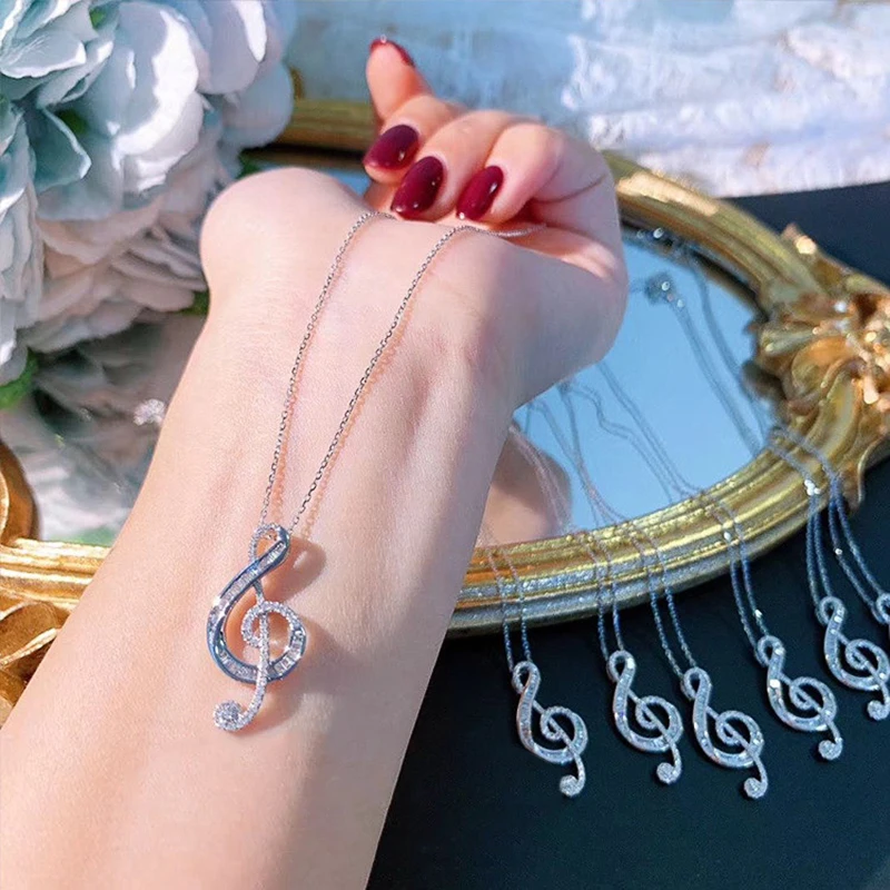 925 Sterling Silver Full Zircon Stone Pendant Necklaces Fashion Female Dropshipping Crystal Musicial Note Jewelry for Girl Women