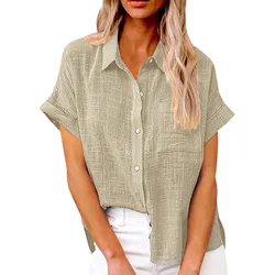 Women's Simple and fashion shirt Casual Classic Shirts Cotton Linen Short Sleeve Lapel Button Down Shirt temperament Tops traf