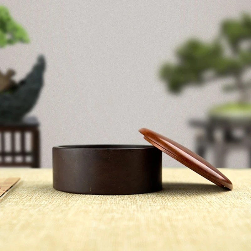 Natural She Ink Stone with Lid Ink Dish Ink Pool for Chinese Style Calligraphy Painting Practice Art Supply Study Supplies