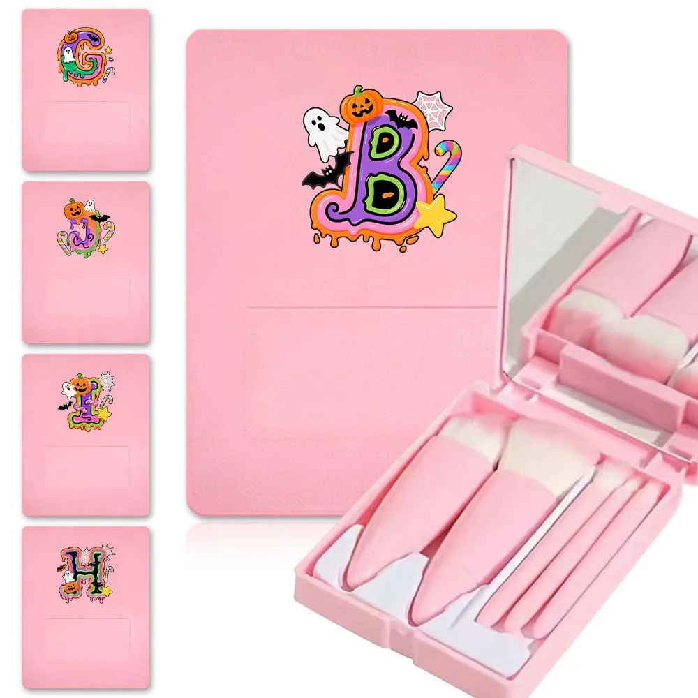 

5PCS Makeup Brush Kit with Mirror Multi-purpose Makeup Brush Cosmetic Organizer Box Storage Container Candy Letter Pattern