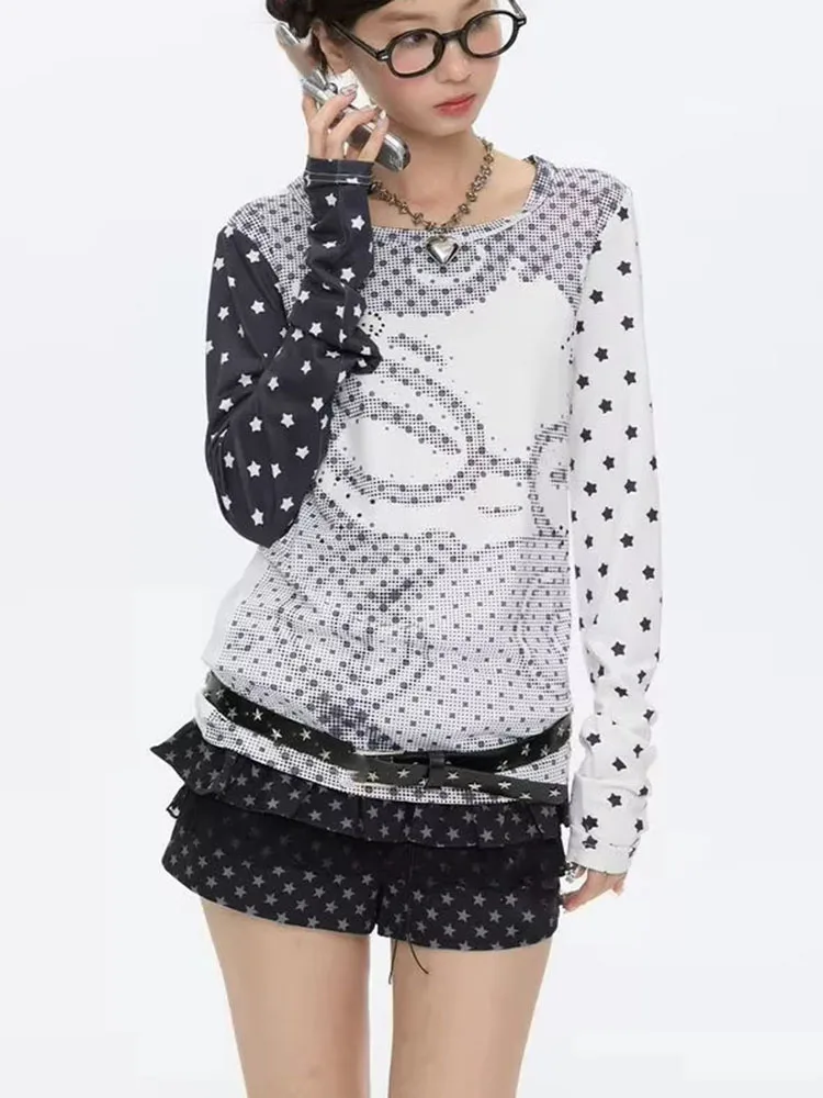 Y2k Aesthetic Long Sleeve T-shirts Women Anime Polka Dot Print Patchwork Slim Fit Tops Autumn Harajuku Vintage Tees Ins - view 5