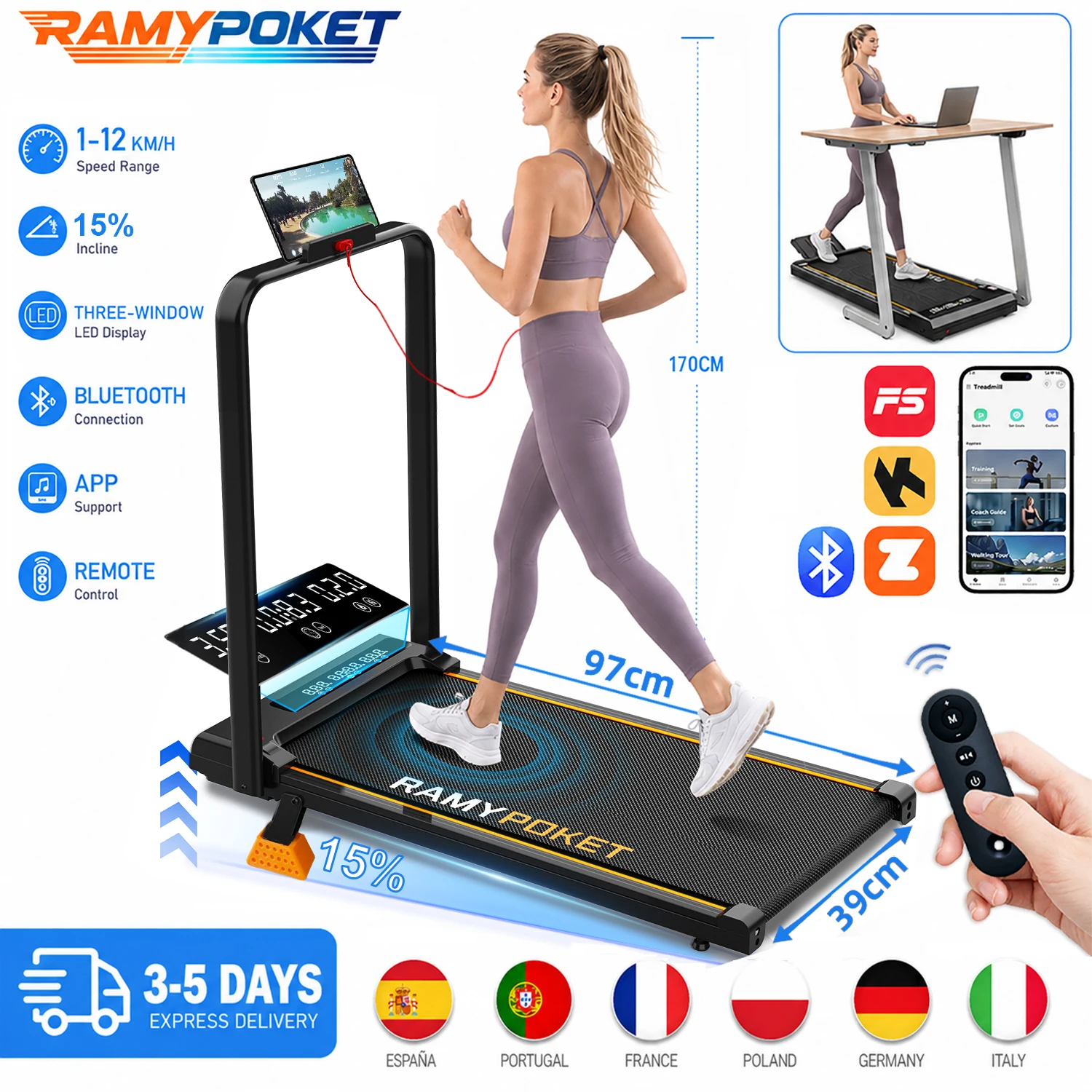 RAMYPOKET Klappbares Laufband fur das Buro mit 15 % Steigung, 1-12 km/h, 3.0 PS,Steuerung uber App und LED-Display mit drei Fenstern, 150 kg, elektrisches Laufbandfur zu Hause, geeignet fur Personen