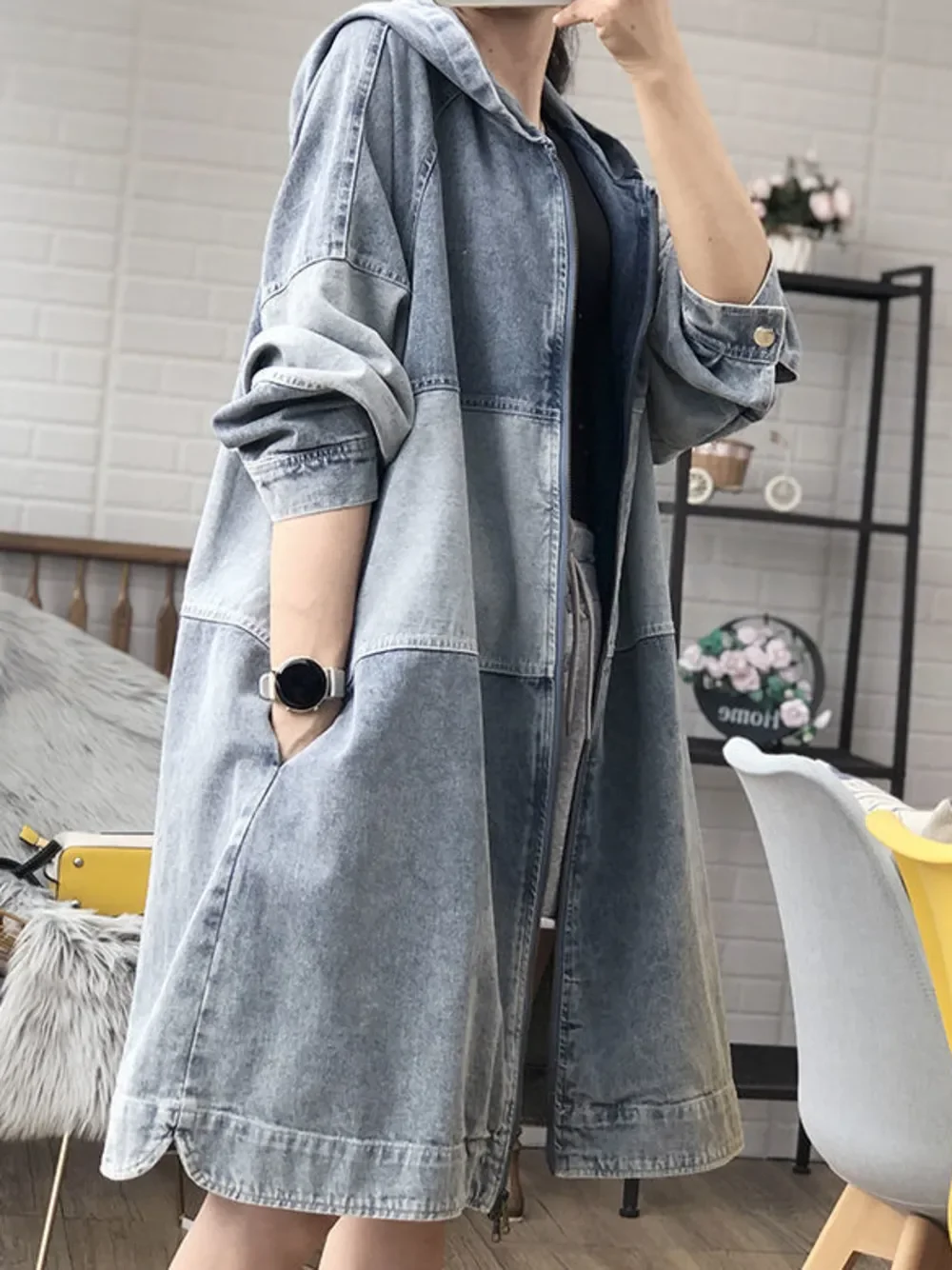 2023 Spring Autumn New Women's Korean Version Mid-length Loose Fashion Hooded Stitching Denim Trench Coat