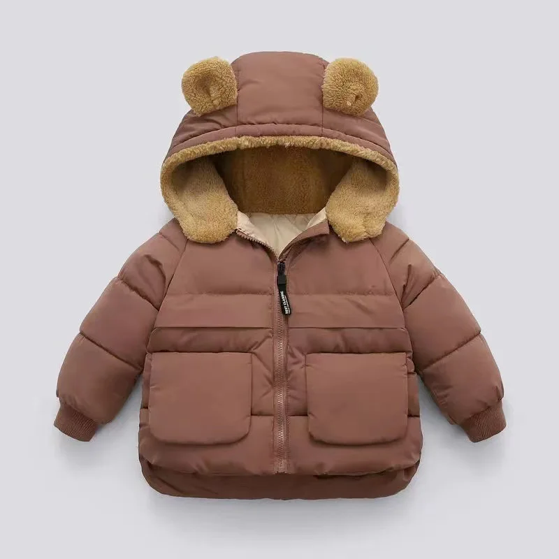 Boys Lamb\'s Wool Thickened Down Cotton Jacket Winter Girls Short Hooded Warm Coat Autumn New Kids Solid Color Casual Outerwear