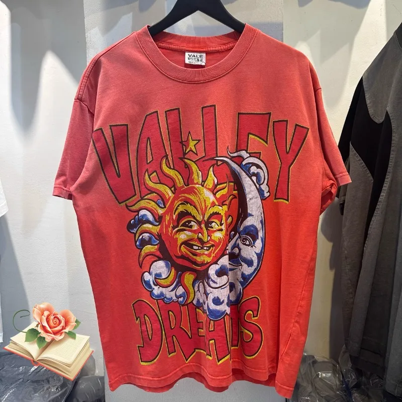 

Футболка Water Washed Red Vale Forever Valley Dreams для мужчин и женщин, классическая футболка в стиле хип-хоп с короткими рукавами и принтом Солнца и Луны, большие топы